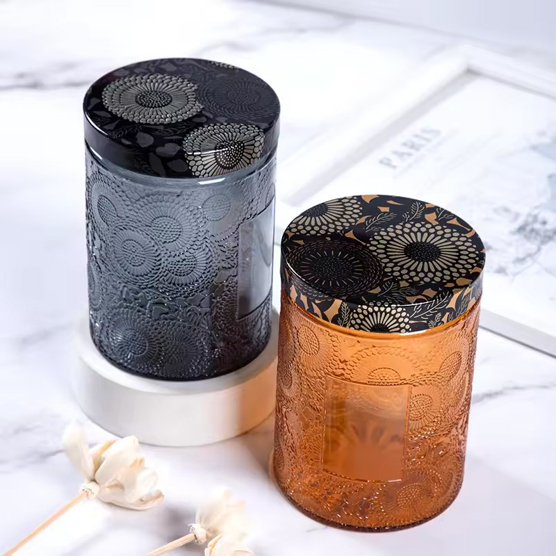 8.5cm X 12cm 500ml Empty Straight Round Embossed Glass Candle Jars With Screw Colorful Metal Lid