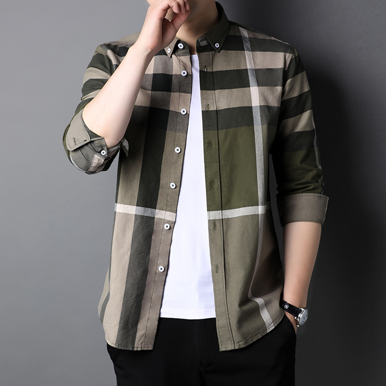 2023 Solid Grey Check Men's Casual Dress Shirt in Spring and Autumn for S-2XL Mens Shirts