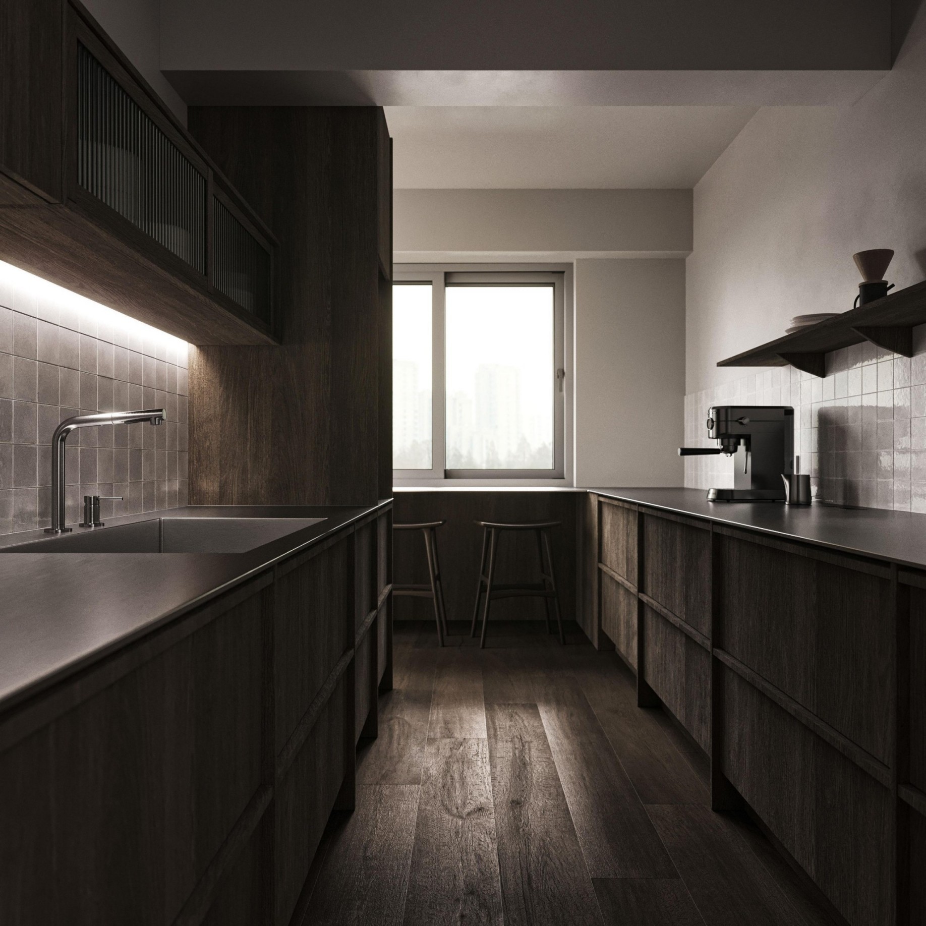 Custom Modern Skeleton Line Design Made Flat Wood Grain Finished Kitchen Cabinet Solid Wood Kitchen Cabinet