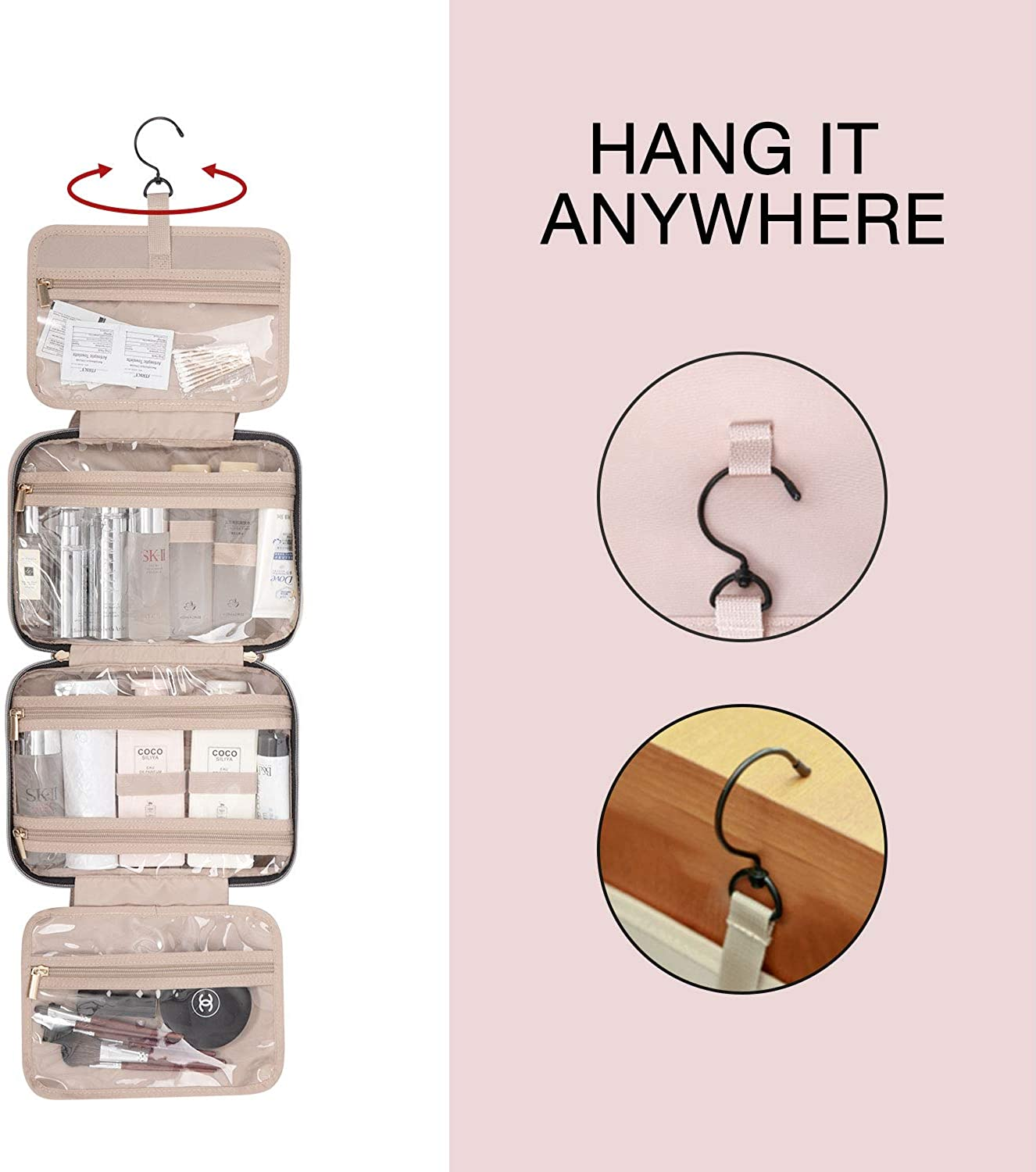 Travel Makeup And Toiletry Bag Organizer Hanging Hook Water Resistant 12x9x4"