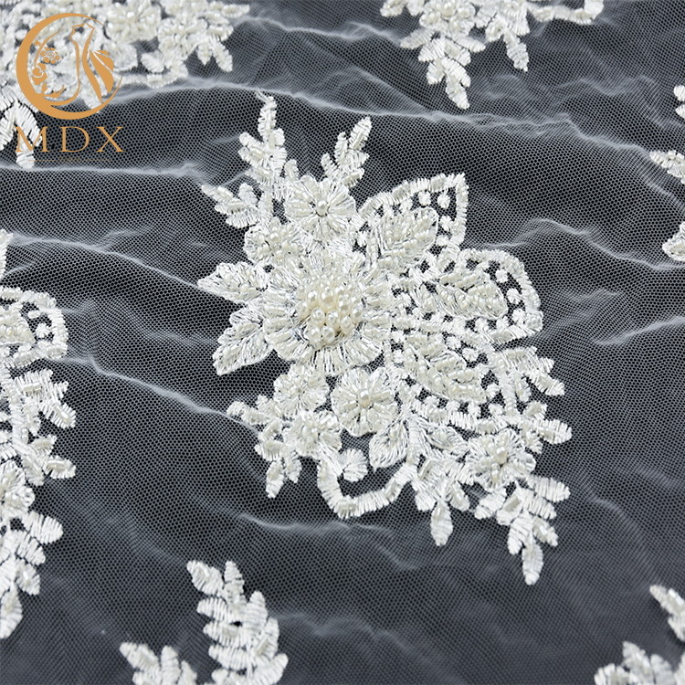 Craft White Lace Fabrics Tulle Beaded 91.44cm Length Customized Latest Lace Material