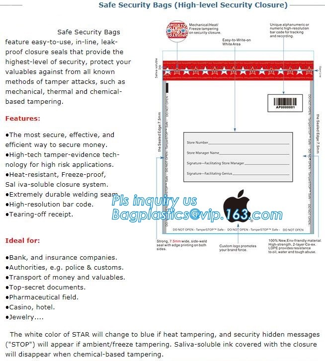 Security plastic bag with adhesive tape for cash, plastic money bag, Security Money Cash Bag For Airport/Bank and police
