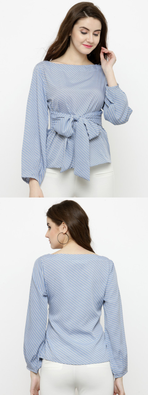 Women White & Blue Striped Blouse