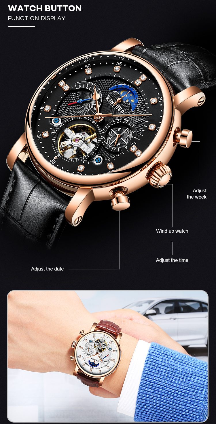 KINYUED hot sales Fashion Tourbillon Automatic Movement Mens Automatic Mechanical Watch Genuine Leather Wristwatch
