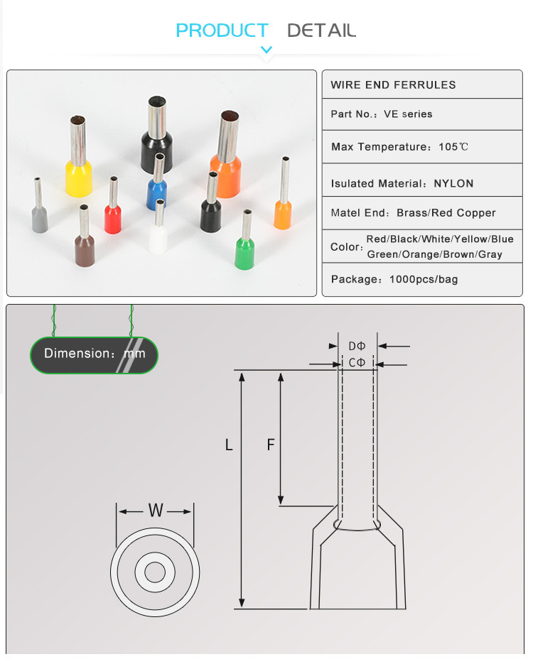 VE1512 1.5mm² Flexible Conductor Ferrules Electrical Terminals 18.4mm Cord End PIN