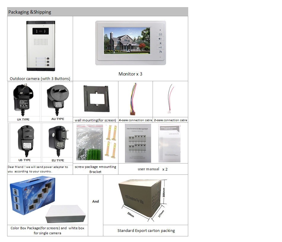 Popular 1v3 7 inch color FTF-LCD screen and CMOS camera intercom system with night view video door phone for villa