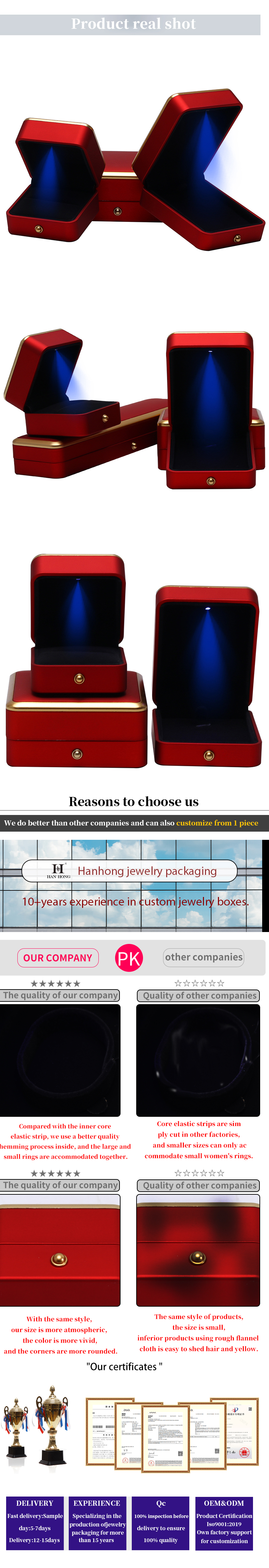 Custom Plastic Spray Painted Square Luxury Necklace Ring Red LED Jewelry Box Handmade