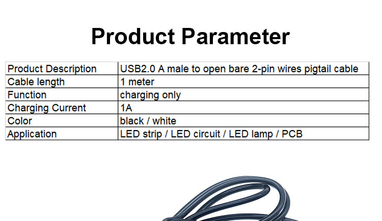High Quality 5V USB 2.0 A Male to Open Stripped Bare 2pin Wires End Pigtail Cable for LED Light Strip Lamp