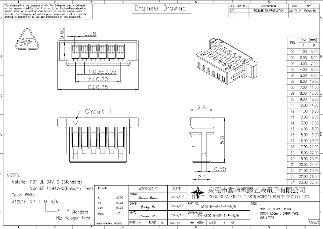 1.00mm pitch wire to board connector single dual row A1001series PBT or PA66 material for Laptop