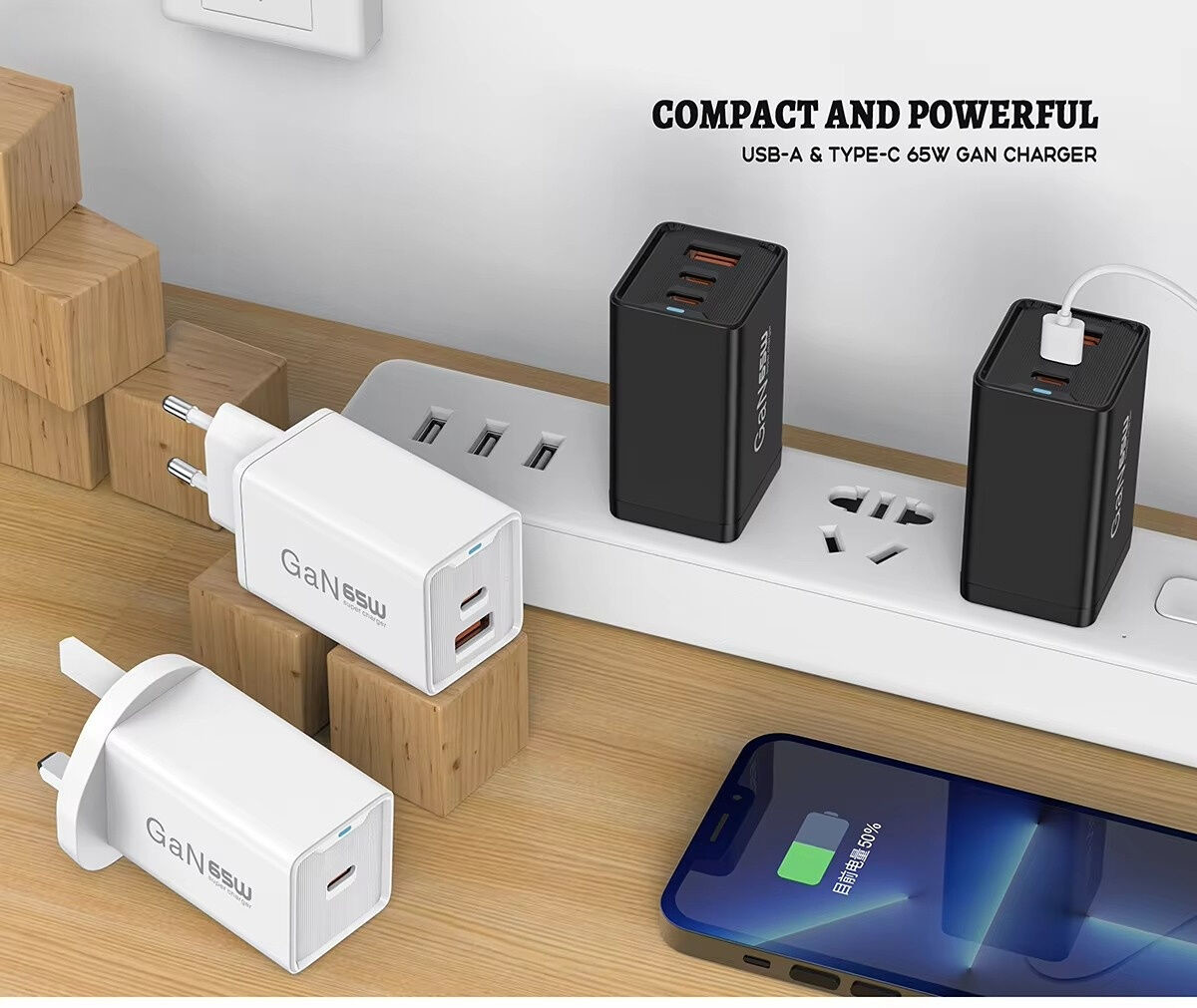 High quality GaN mobile phone chargers PD 65W Fast Charge Mobile Phone Charger 2 USB C USB A GaN Wall Charger