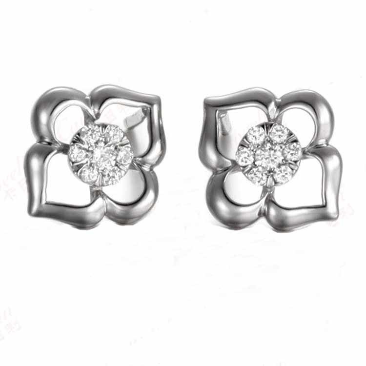 18K White Gold Rose Gold Four Leaf Clover Diamonds Stud Earrings (GDE012)