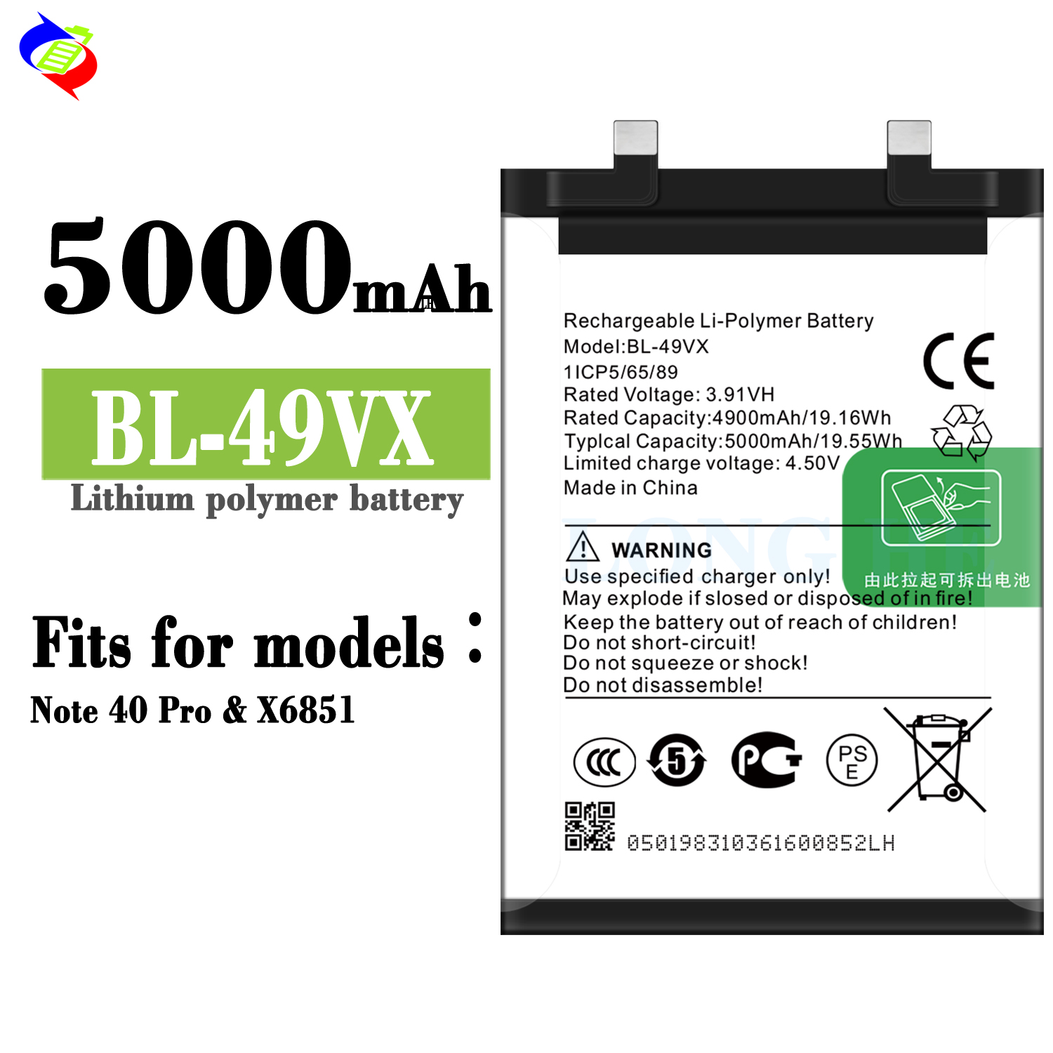 5000mAh Capacity For Infinix BL-49VX 3.91V Rechargeable Battery for Note 40 Pro X6851