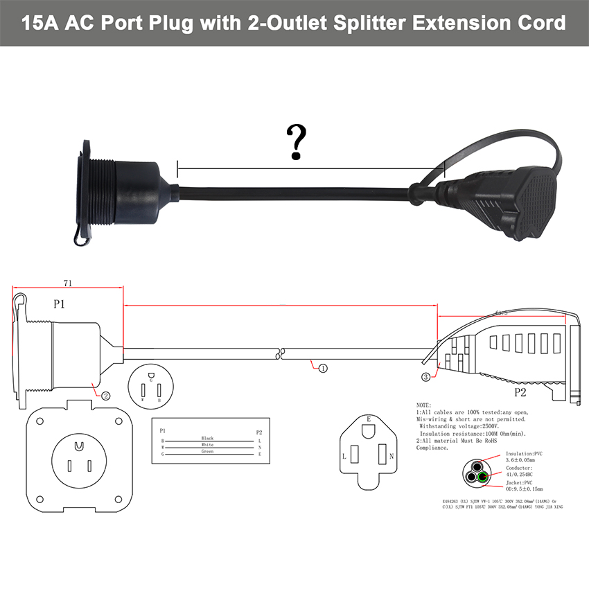 Power SJTW Extension Supply US Male To Female Plug NEMA 5-15R To Waterproof Converter