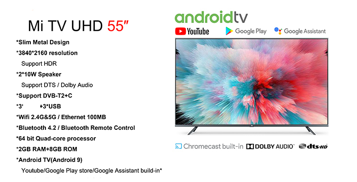 Global Versiom Xiaomi Mi Smart TV UHD 55 inch 4K 3840*2160 Resolution 64 Bit Quad Core 2GB 8GB Xiaomi TV 4K