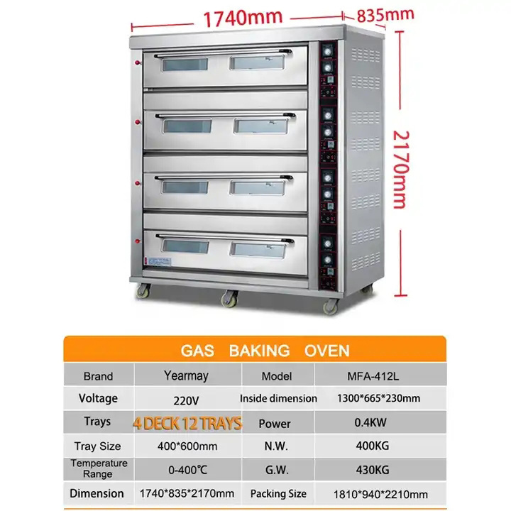 Independent Temperature Control Multi-Functional 4 Layers 12 Trays Gas Oven