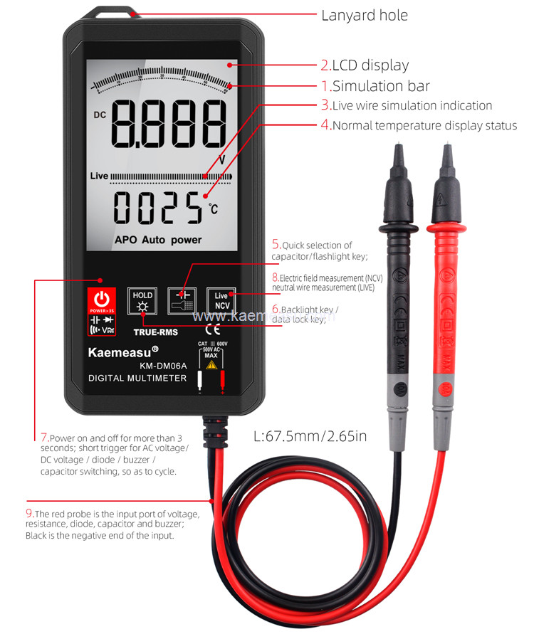 Kaemeasu 06A DC AC Voltage Meter Mini Pocket Multimetro 2 Pcs AAA Battery Powered