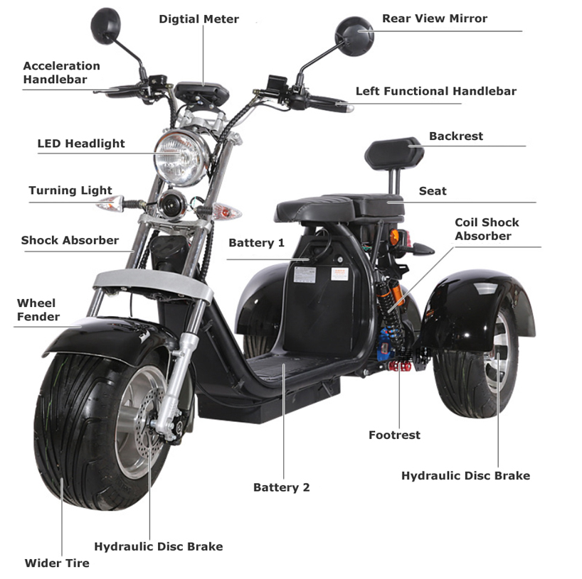 Red Green Three Wheel Electric Mobility Scooter For Adults Street Legal 60-80km 2000W