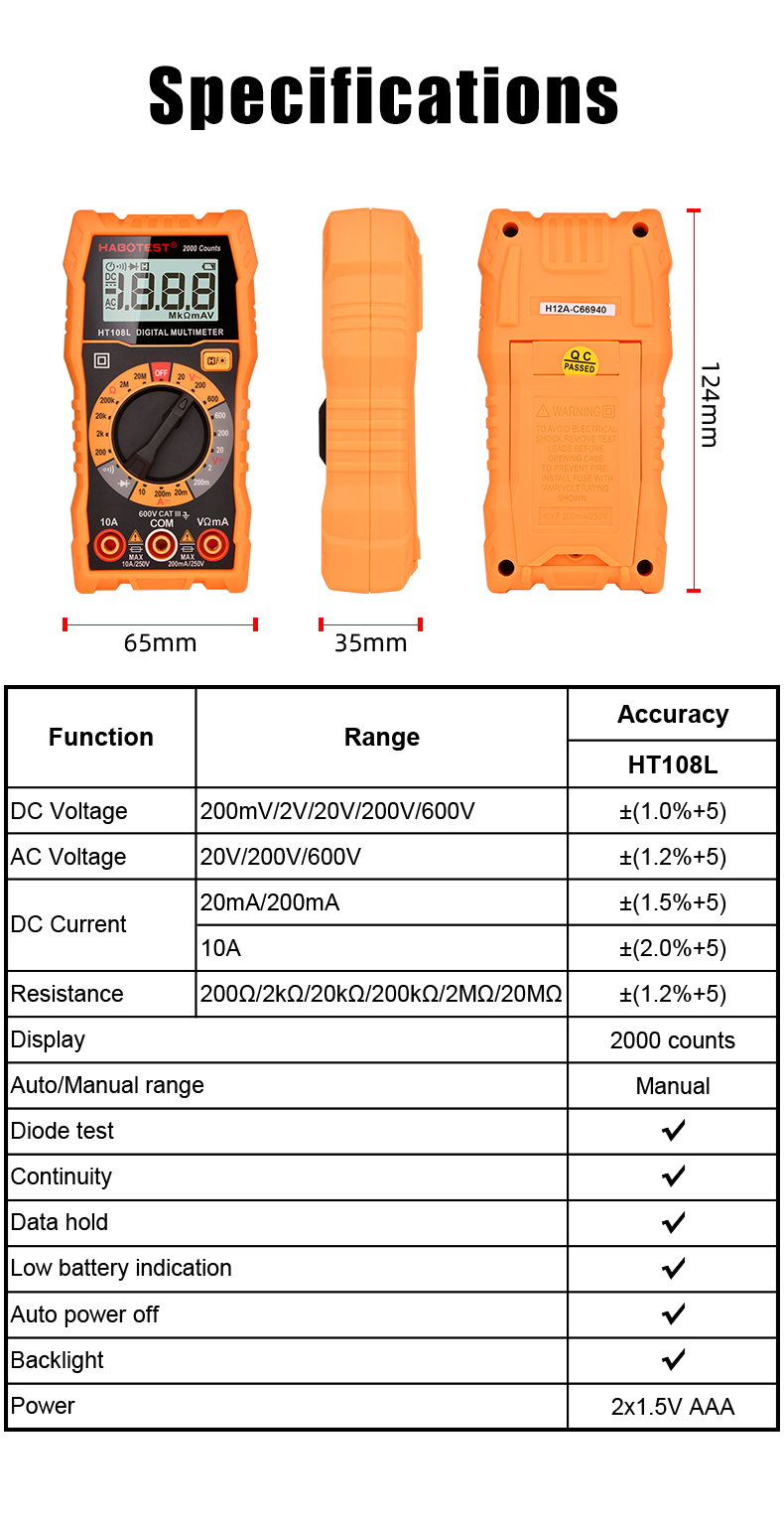 2000 Counts Handheld Digital Multimeter , 600V Portable Digital Multimeter