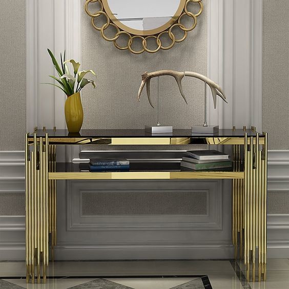 White Rectangular Stylish Tea Table Luxury Arrow Console In Gold 150X45X80