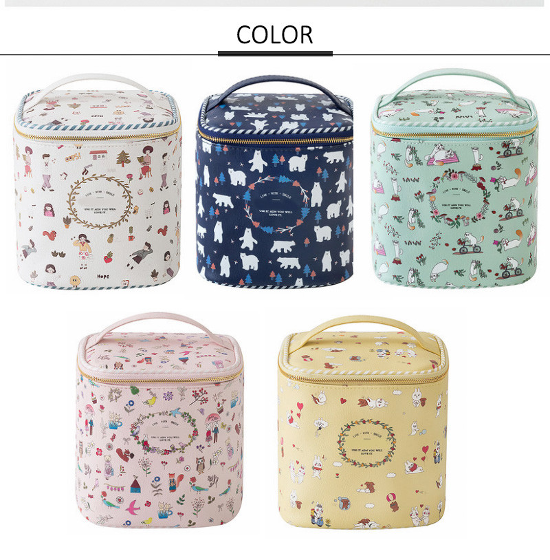 Barrel Shape Professional Travel Cartoon Printed PU Leather Cosmetic Bag