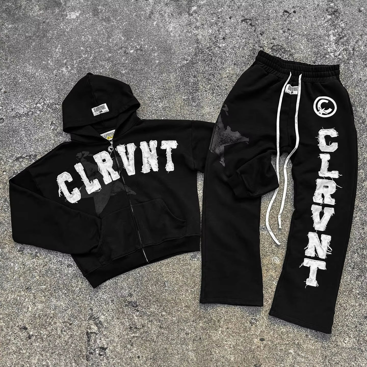 Autumn Mens Streetwear Sweatsuits Two Piece Track Set Applique Distressing Embroidery