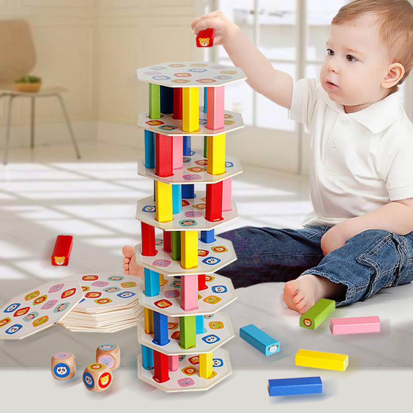 Funny Wooden Tower Hardwood Domino Stacking Building Blocks Toy Montessori Educational Game for Kids Children Gift
