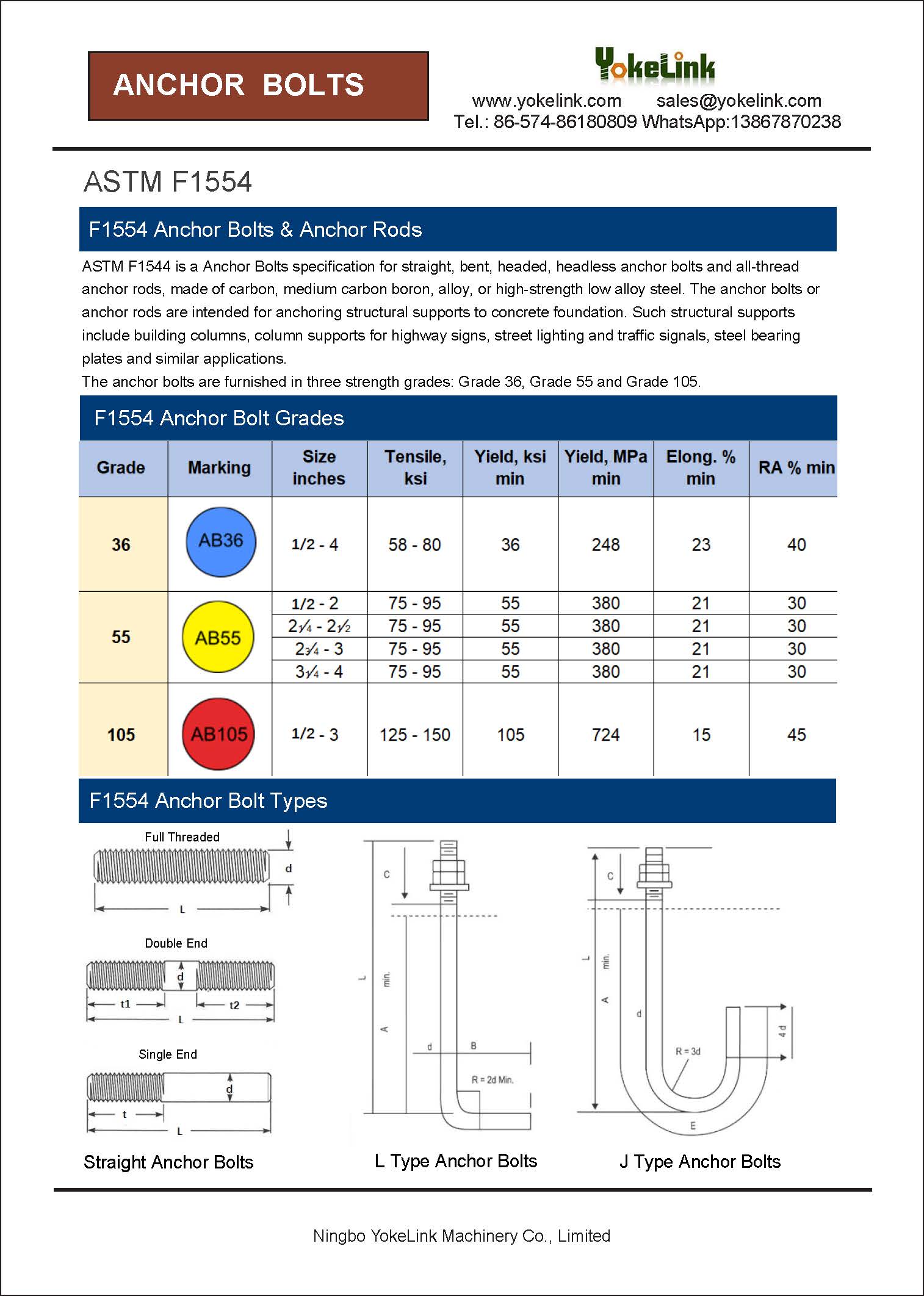 Yokelink-ASTM F1554 Anchor Bolt PDF Catalogue Specifications