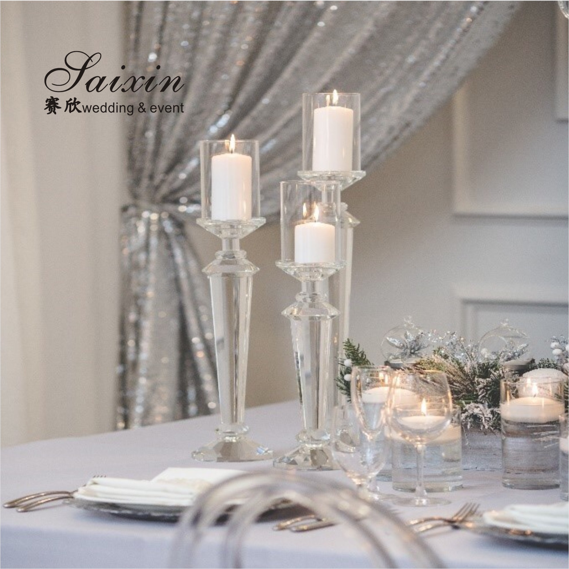 Saixin Wholesale luxury 3 pieces single crystal candle holders for wedding decor