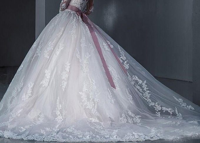 Off The Shoulder Ball Gown Wedding Dress Beaded Belt Long Sleeve Lace Tail