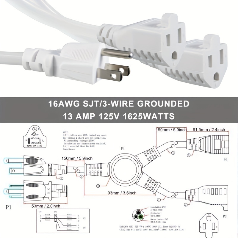 125V 13A Electric Power Cord NEMA5-15P to NEMA 5-15R 1 to 2 Y Splitter SJT 16AWG 3 Wire