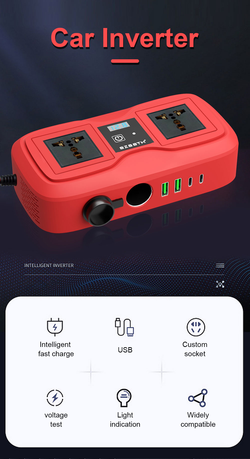 Customized Support SZSSTH Universal Socket Portable 12V 220V 2 AC Outlets 2USB 200W GaN PD Fast Charger Car Power Inverter