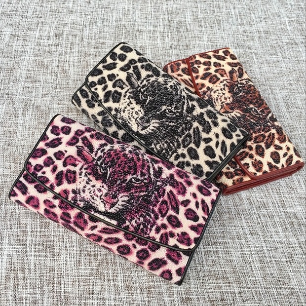 Authentic Stingray Skin Leopard Tiger Designer Long Wallet Genuine Leather Women Large Clutch Purse Lady Card Holder