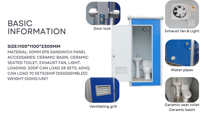 Customized Mobile Steel Portable Toilet Prefabricated WC Sitting For Camping