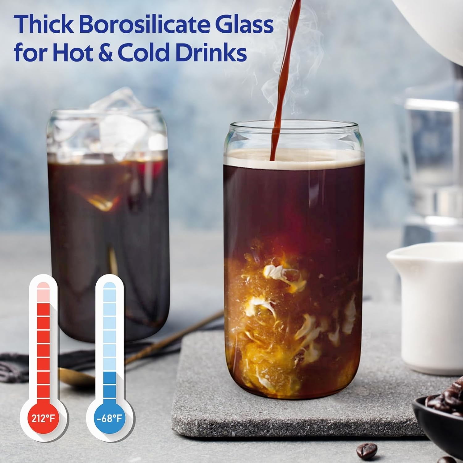 4 Set Glass Cups with Lids and Straws 16 oz, Glasses Drinking Set, Iced Coffee Cup with Bamboo Lids,