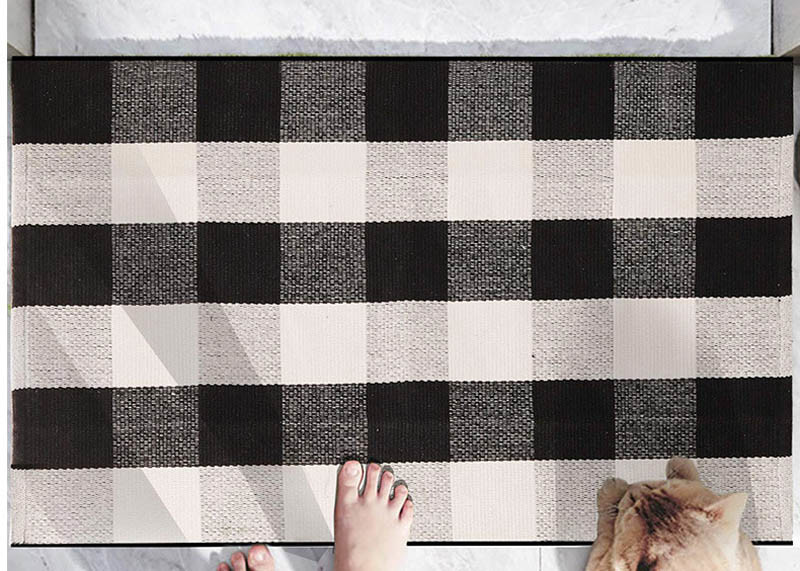 60*90 Cm Cotton And Linen Black And White Plaid Mat , Woven Outdoor Porch Mats