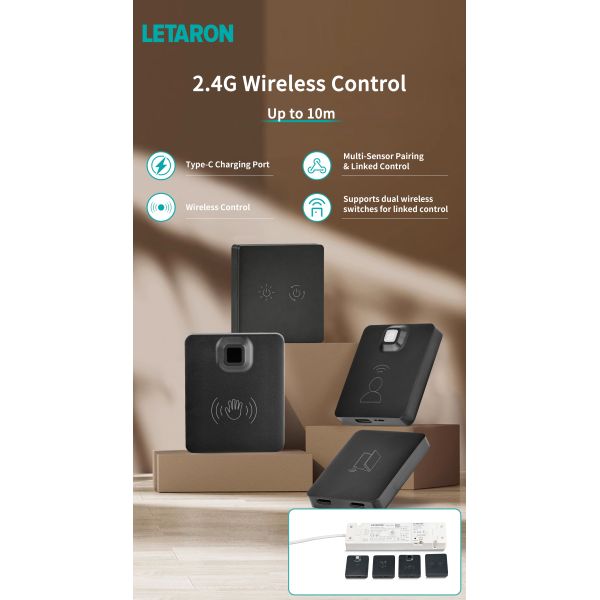 Manufacturers All-in-One Cabinet Lighting Controller with PIR & Hand Sweep Dual Mode Letaron Wireless Hand Wave Sensor/Touch Sensor/Door Sensor/PIR
