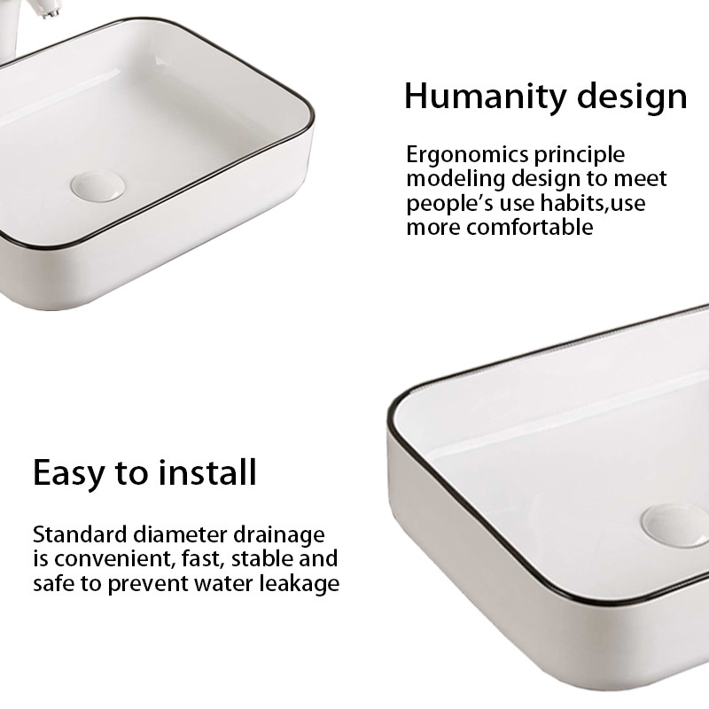 Solid Smooth Counter Top Bathroom Sink Ceramic Easy Maintain Rectangular Wash Basin