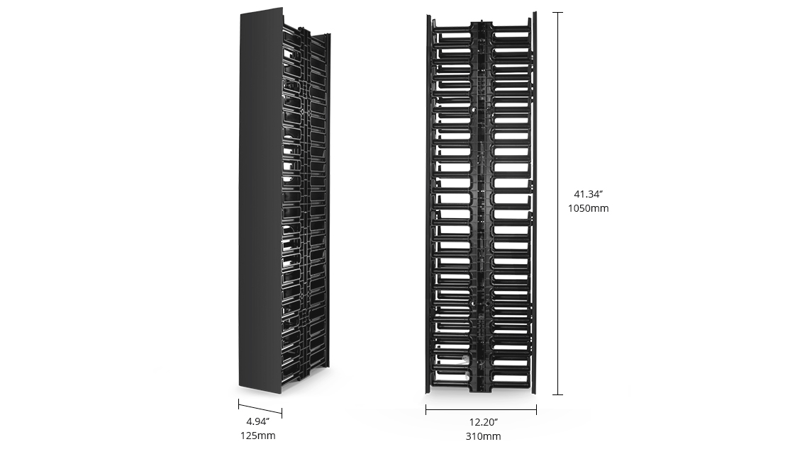 Vertical Dual Sided Cable Manager, 45RU, Bend Radius Plastic Finger Duct, 4.9 in. Wide