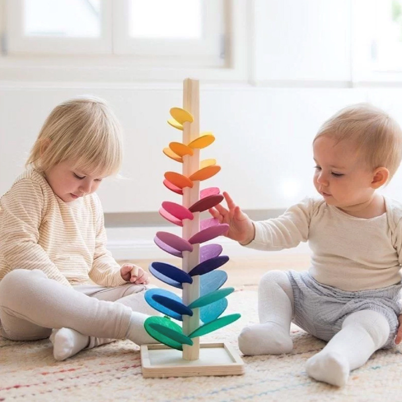 Montessori Baby Wooden Petal Tree Building Blocks Toy Children's Rainbow Ball Ball Run Track Educational Toy for Kids Gi