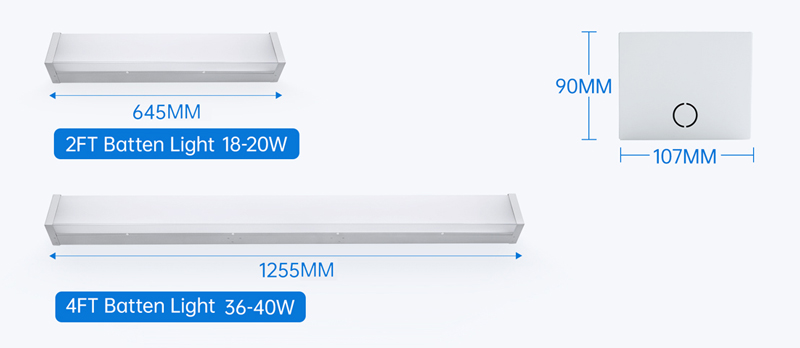 This image presents the appearance and dimensions of the COMLED J-Series luminaires in three standard models: 2FT,and 4FT.