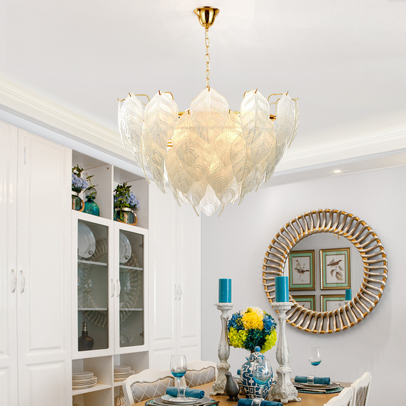 JYLIGHTING Modern Elegant Art Design Gold Lustre Aluminum Chrome Chandelier Rectangular Home Lighting Copper Leaf Shade Oval Glass Modern Pendant