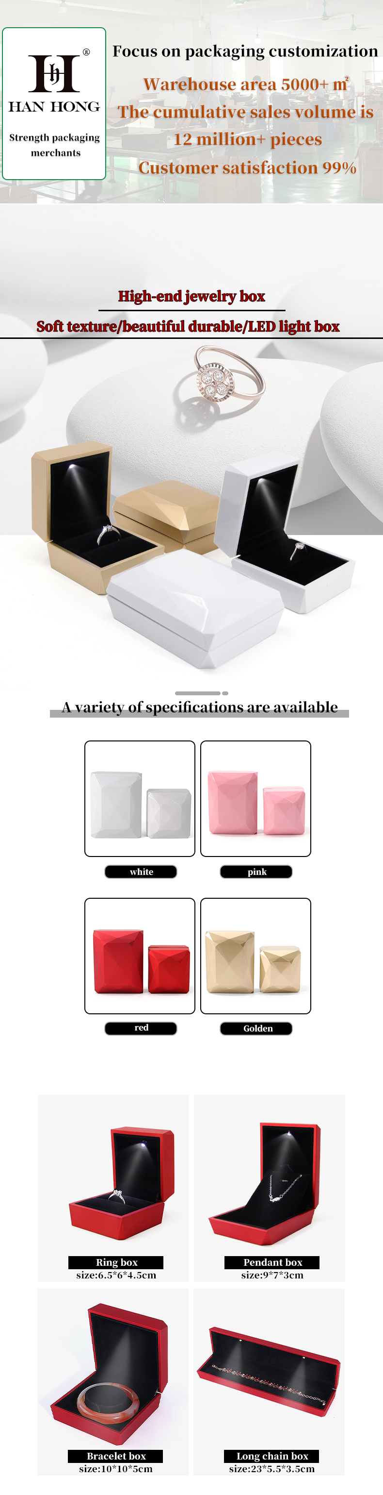 Custom Logo PU Plastic Gold Jewelry Packaging Box with LED Light Jewelry Package