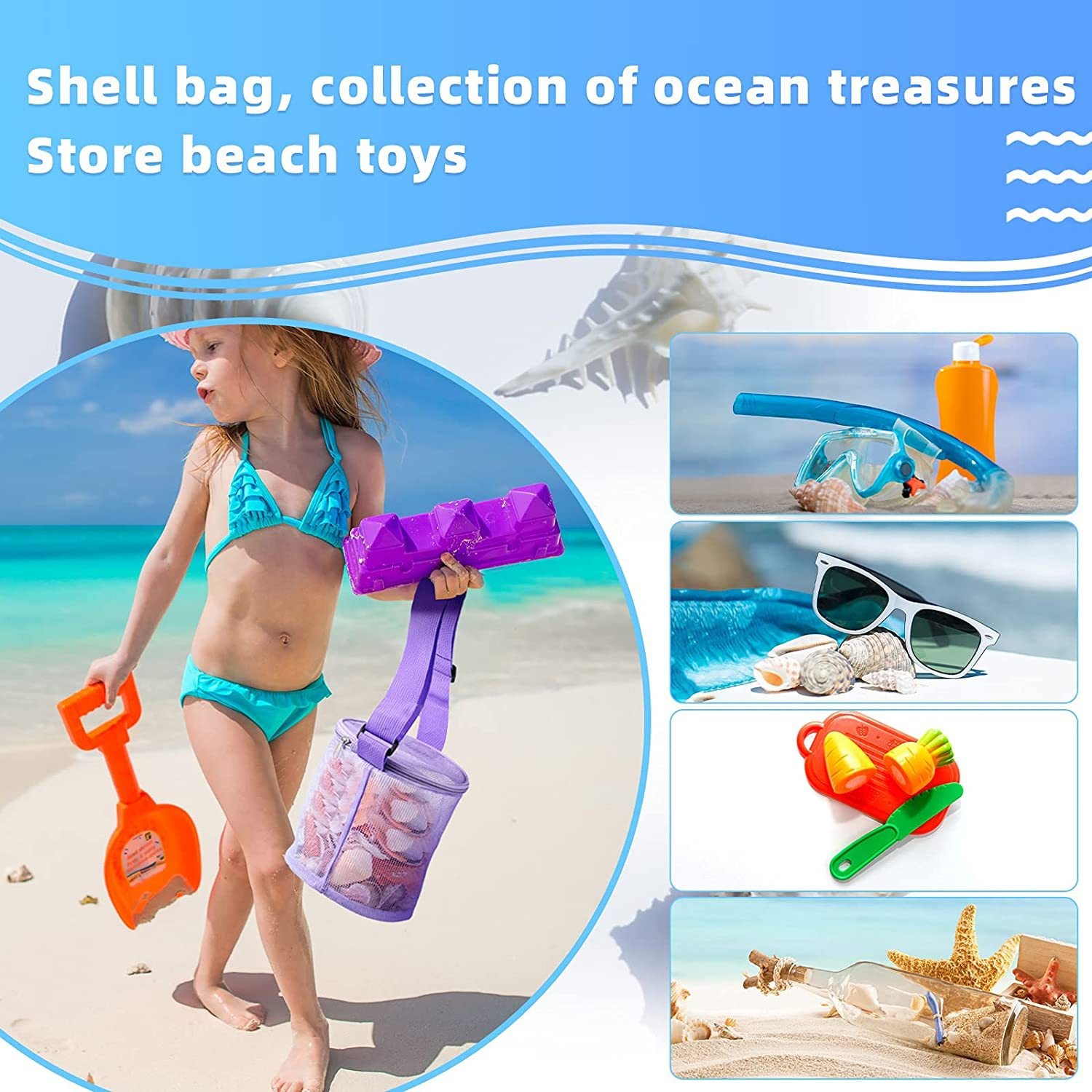 New Children'S Mesh Shell Storage Bag Beach Three-Dimensional Round Sand Bucket