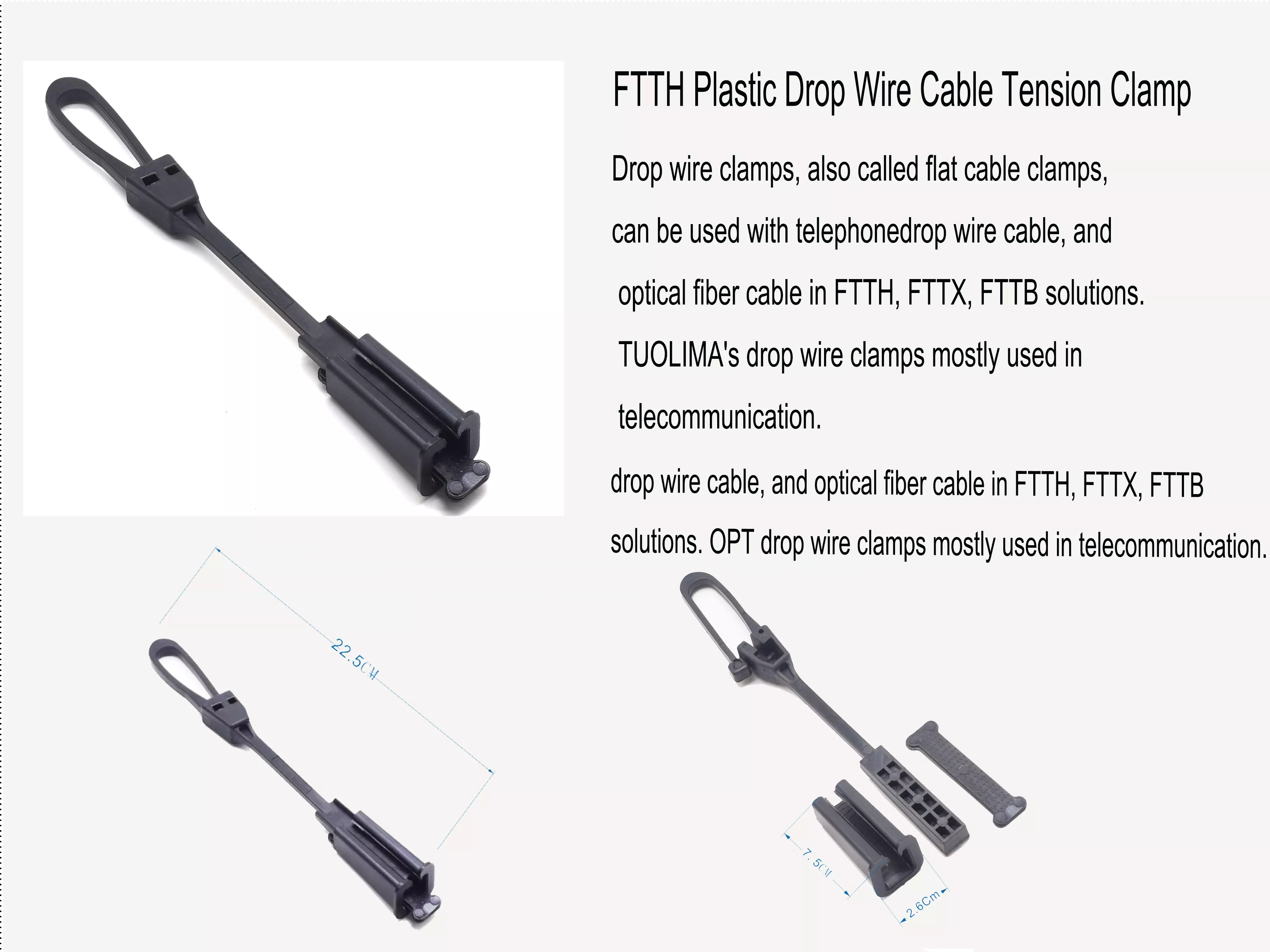 UV Resistant Thermoplastic Plastic Flat Telecom Fiber Optic Cable Drop Wire Clamp for FTTH
