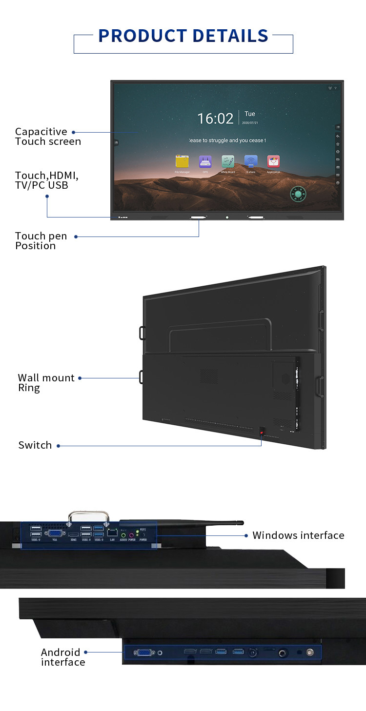 Interactive 5ms Touch Screen Interactive Whiteboard 3840*2160 Resolution