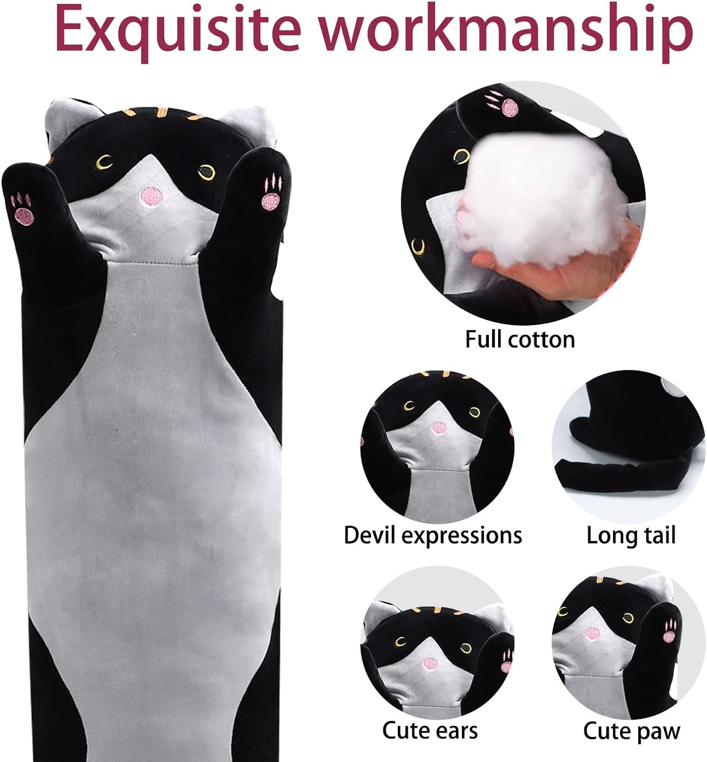 WUYU Lovely Plush Cat Doll Cute Cartoon Soft Stuffed Kitten Pillow Long Throw Sleeping Pillow Doll Toy Gift for Kids