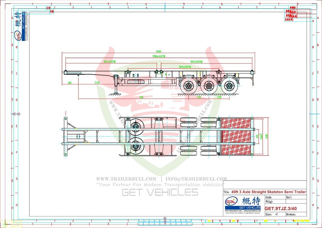 3 Axles 40FT ISO Straight Skeleton Truck Trailers with Fuwa Axle 13t and Air Bag Spring Suspension