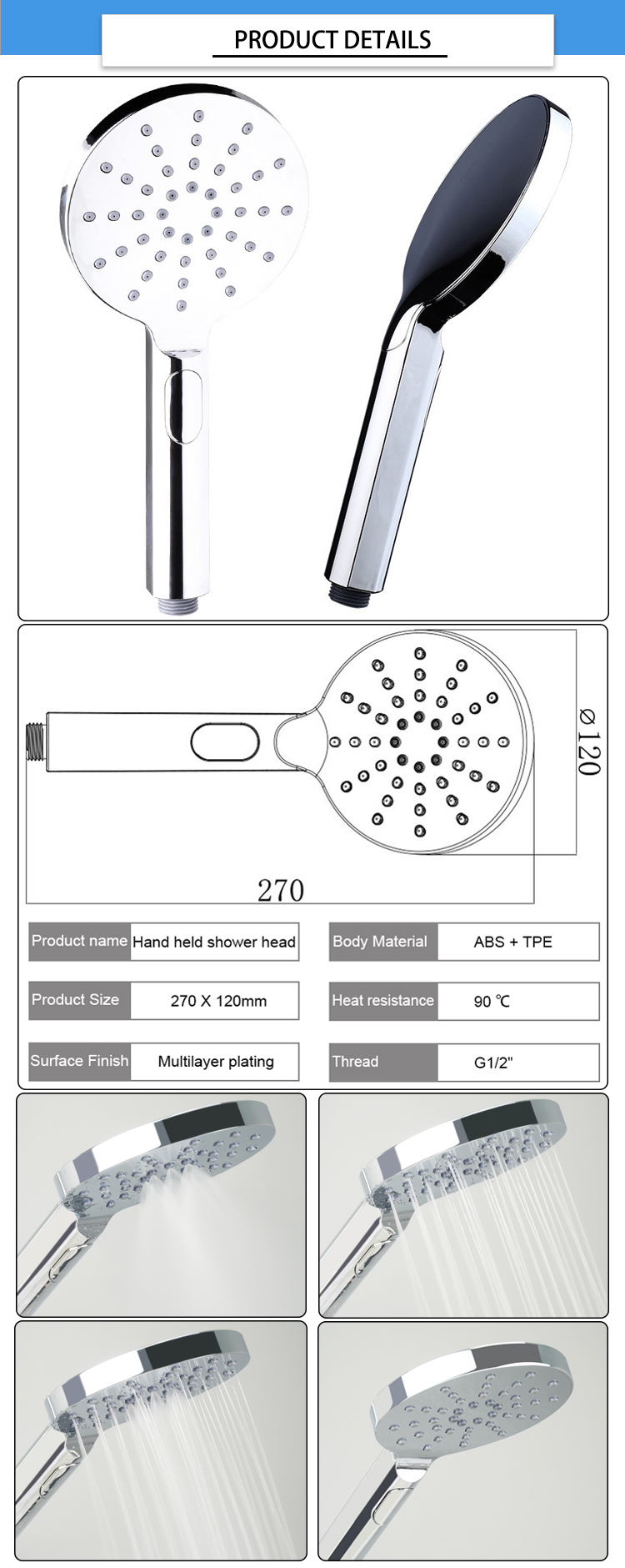 3 Function 270*120mm Bathroom Handheld Shower Head