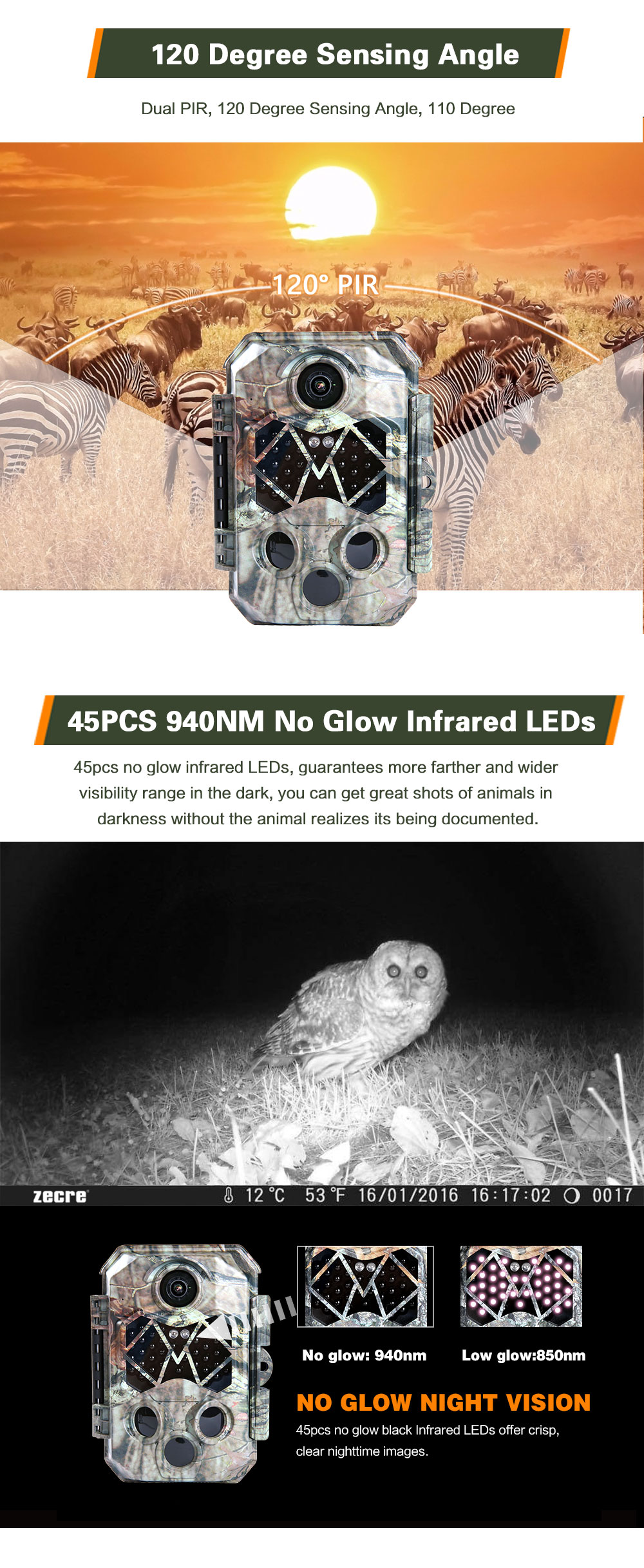 Hunting Cam 20.0 Megapixel 1080P Waterproof IP66 120 Degree Detecting Range Wildlife Scouting Camera