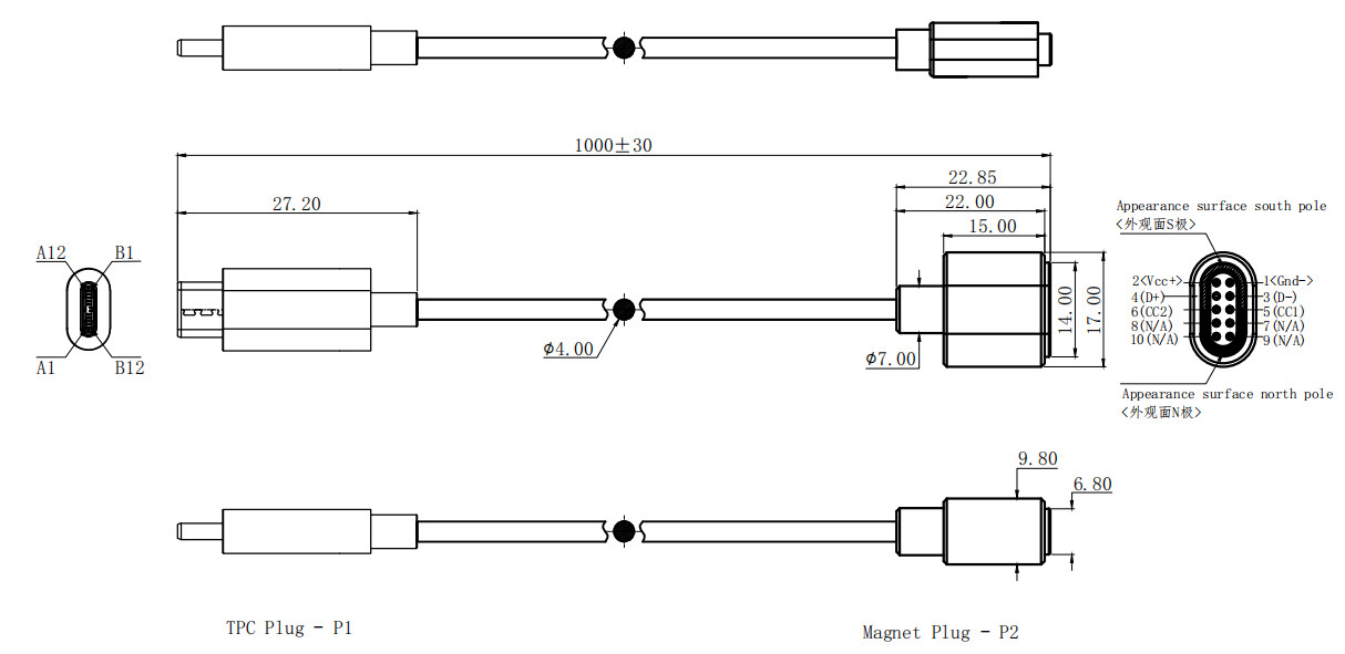 Double Row 10Pin Pogo Pins Magnetic Cable USB Connector With 1M PVC Cable